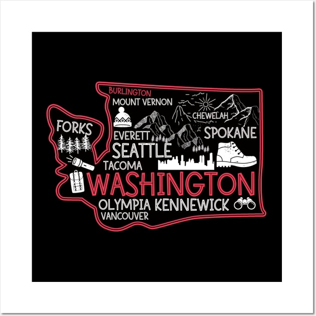 Burlington Washington cute map Tacoma Seattle Kennewick Spokane Wall Art by BoogieCreates